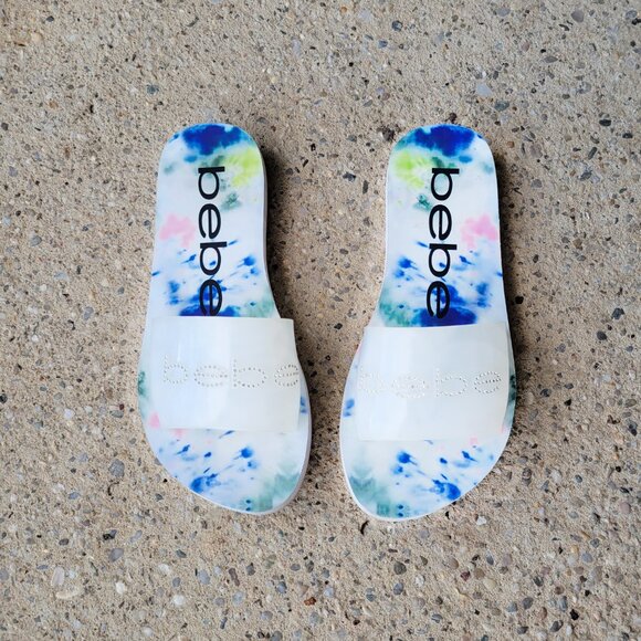 BEBE Women's White Leanna Rhinestone Embellished Logo Vamp Slide Sandals SZ 7 - Picture 3 of 6